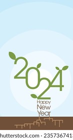 Happy New Year 2024 caligrafía abstracta como una planta joven que crece como principios de año. Plantilla vertical de tarjeta de felicitación con espacio en blanco.