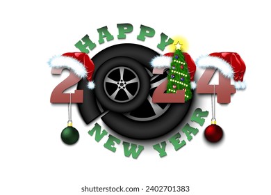 Happy new year. 2024 with car wheel. Numbers in Christmas hats and Christmas tree balls. Original template design for greeting card. Vector illustration on isolated background