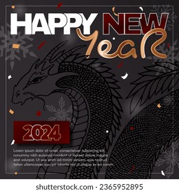 Happy New Year 2024 card with dragon, snowflakes, and congratulatory text in gold and black colors. Vector 3D illustration.