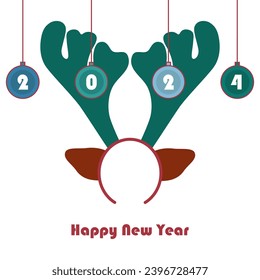 Happy New Year 2024 card with horned reindeer headband on white background vector illustration