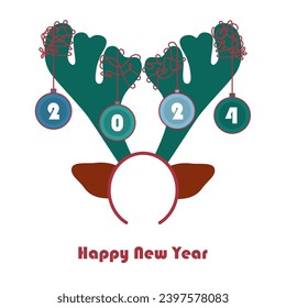 Happy New Year 2024 card with reindeer antlers headband on white background vector illustration