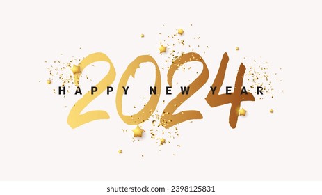 Happy New Year 2024 card. Festive background with sparkling golden stars, confetti and handwritten calligraphy number 2024. Vector Illustration with lettering for decor social media, poster, banner.