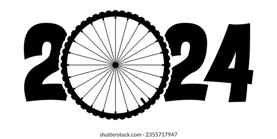 Happy new year 2024. Cartoon cycling wheels line pattern. Sport icon. Cyclist wheel logo or pictogram. Cycling or bike rims symbol. 2024 calendar, day.