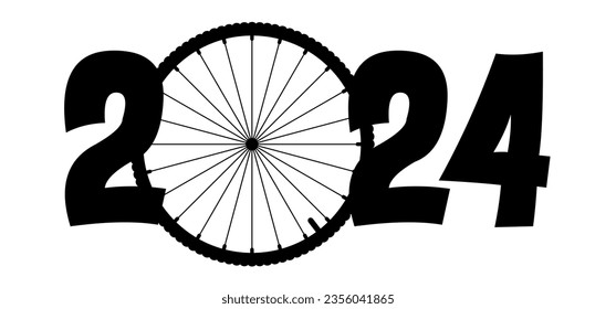 Happy new year 2024. Cartoon cycling wheels line pattern. Sport icon. Cyclist wheel logo or pictogram. Cycling or bike rims symbol. 2024 calendar, day.