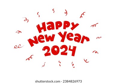 Happy New Year 2024 cartoon style handwritten lettering inscription greeting card design. Merry Christmas holiday festive hand drawn typography text with confetti vector eps illustration