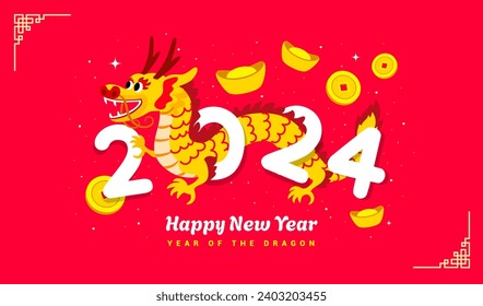 Happy New Year 2024 cartoon poster vector illustration. Year of the Dragon