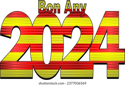 Happy New Year 2024 with Catalonia flag inside, Translation: "Happy New Year." 
