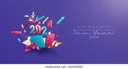 Happy new year 2024. New year celebration with fireworks rocket launch from open gift box and 3D number