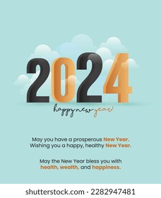 Happy new year. new year 2024 celebration banner with black and gold numbers. wishing everyone new year social media post. party invitation 
