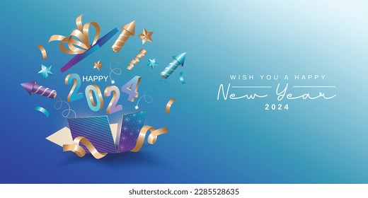 Happy new year 2024. New year celebration with fireworks rocket launch from open gift box and 3D number