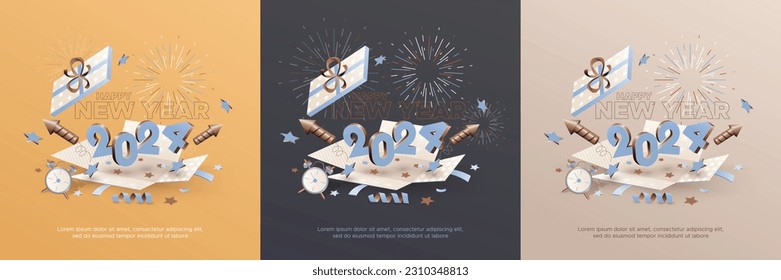 Happy new year 2024. 2024 new year celebration design with 3D number and rocket firework in open gift box background
