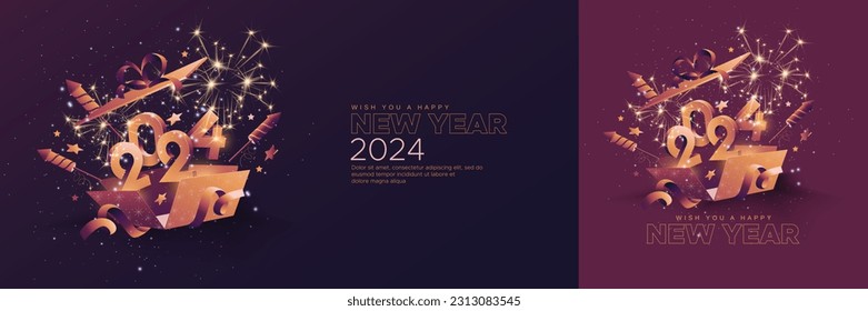 Happy new year 2024 celebration template with 3D number in open gift box and fireworks background. Festive 2024 new year celebration template