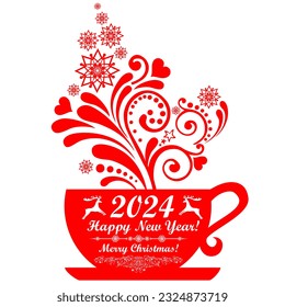 Happy new year 2024. Celebration white background with cup, snowflake and place for your text. Christmas cup with floral design elements. Menu for restaurant, cafe, bar, tea-house. Vector Illustration