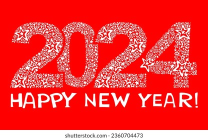 Happy new year 2024!  Celebration red background with stars and place for your text.  Art design celebrate party invitation template. Decorate numbers 2024 Horizontal banner. Vector illustration