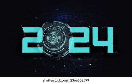 Happy New Year 2024 celebration on futuristic technology background. Digital data visualization. Business technology concept. Vector illustration