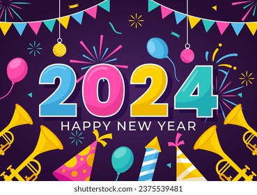 Happy New Year 2024 Celebration Vector Illustration with Trumpet, Fireworks, Ribbons and Confetti in Holiday National Flat Cartoon Background