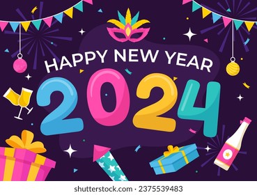 Happy New Year 2024 Celebration Vector Illustration with Trumpet, Fireworks, Ribbons and Confetti in Holiday National Flat Cartoon Background