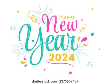 Happy New Year 2024 Celebration Vector Illustration with Trumpet, Fireworks, Ribbons and Confetti in Holiday National Flat Cartoon Background