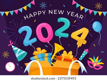 Happy New Year 2024 Celebration Vector Illustration with Trumpet, Fireworks, Ribbons and Confetti in Holiday National Flat Cartoon Background