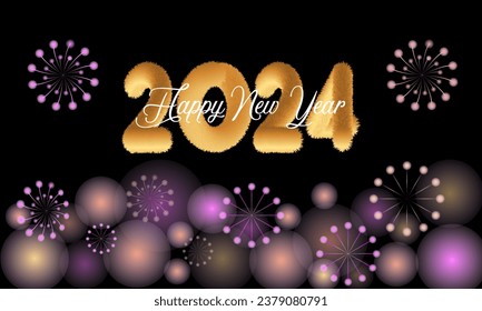 Happy New Year 2024 Celebration Festive Concept with Fireworks, Party Hats, and Christmas ball. background, banner, card, celebration poster, party invitation or calendar.