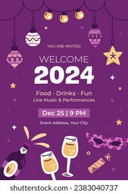 Happy New Year 2024. 2024 New Year celebration. Happy New Year 2024 background. Cartoon Vector illustration Template for Poster, Banner, Greeting, Card, Flyer, Cover, Post. new year party