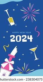 Happy New Year 2024. 2024 New Year celebration. Happy New Year 2024 background. Cartoon Vector illustration Template for Poster, Banner, Greeting, Card, Flyer, Cover, Post. new year party