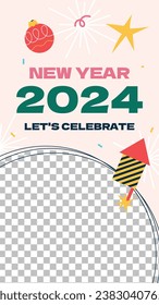 Happy New Year 2024. 2024 New Year celebration. Happy New Year 2024 background. Cartoon Vector illustration Template for Poster, Banner, Greeting, Card, Flyer, Cover, Post. new year party