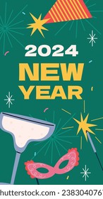 Happy New Year 2024. 2024 New Year celebration. Happy New Year 2024 background. Cartoon Vector illustration Template for Poster, Banner, Greeting, Card, Flyer, Cover, Post. new year party