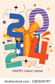 Happy New Year 2024. 2024 New Year celebration. Happy New Year 2024 background. Cartoon Vector illustration Template for Poster, Banner, Greeting, Card, Flyer, Cover, Post. new year party