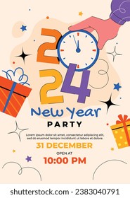 Happy New Year 2024. 2024 New Year celebration. Happy New Year 2024 background. Cartoon Vector illustration Template for Poster, Banner, Greeting, Card, Flyer, Cover, Post. new year party