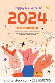 Happy New Year 2024. 2024 New Year celebration. Happy New Year 2024 background. Cartoon Vector illustration Template for Poster, Banner, Greeting, Card, Flyer, Cover, Post. new year party