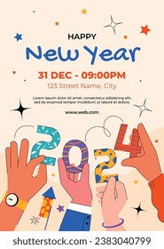 Happy New Year 2024. 2024 New Year celebration. Happy New Year 2024 background. Cartoon Vector illustration Template for Poster, Banner, Greeting, Card, Flyer, Cover, Post. new year party