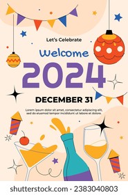 Happy New Year 2024. 2024 New Year celebration. Happy New Year 2024 background. Cartoon Vector illustration Template for Poster, Banner, Greeting, Card, Flyer, Cover, Post. new year party