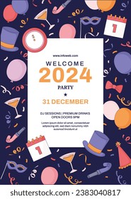 Happy New Year 2024. 2024 New Year celebration. Happy New Year 2024 background. Cartoon Vector illustration Template for Poster, Banner, Greeting, Card, Flyer, Cover, Post. new year party