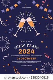 Happy New Year 2024. 2024 New Year celebration. Happy New Year 2024 background. Cartoon Vector illustration Template for Poster, Banner, Greeting, Card, Flyer, Cover, Post. new year party