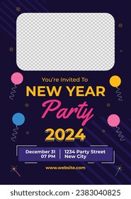 Happy New Year 2024. 2024 New Year celebration. Happy New Year 2024 background. Cartoon Vector illustration Template for Poster, Banner, Greeting, Card, Flyer, Cover, Post. new year party