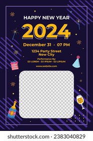 Happy New Year 2024. 2024 New Year celebration. Happy New Year 2024 background. Cartoon Vector illustration Template for Poster, Banner, Greeting, Card, Flyer, Cover, Post. new year party