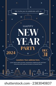 Happy New Year 2024. 2024 New Year celebration. Happy New Year 2024 background. Cartoon Vector illustration Template for Poster, Banner, Greeting, Card, Flyer, Cover, Post. new year party