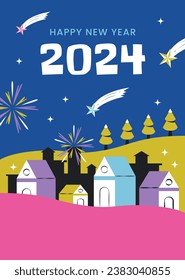 Happy New Year 2024. 2024 New Year celebration. Happy New Year 2024 background. Cartoon Vector illustration Template for Poster, Banner, Greeting, Card, Flyer, Cover, Post. new year party