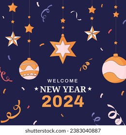 Happy New Year 2024. 2024 New Year celebration. Happy New Year 2024 background. Cartoon Vector illustration Template for Poster, Banner, Greeting, Card, Flyer, Cover, Post. new year party