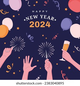 Happy New Year 2024. 2024 New Year celebration. Happy New Year 2024 background. Cartoon Vector illustration Template for Poster, Banner, Greeting, Card, Flyer, Cover, Post. new year party