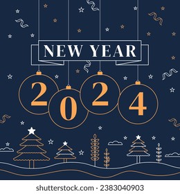 Happy New Year 2024. 2024 New Year celebration. Happy New Year 2024 background. Cartoon Vector illustration Template for Poster, Banner, Greeting, Card, Flyer, Cover, Post. new year party