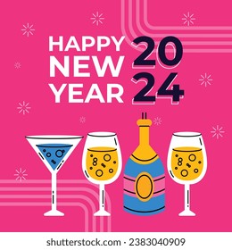 Happy New Year 2024. 2024 New Year celebration. Happy New Year 2024 background. Cartoon Vector illustration Template for Poster, Banner, Greeting, Card, Flyer, Cover, Post. new year party