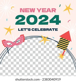 Happy New Year 2024. 2024 New Year celebration. Happy New Year 2024 background. Cartoon Vector illustration Template for Poster, Banner, Greeting, Card, Flyer, Cover, Post. new year party