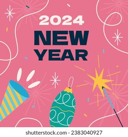 Happy New Year 2024. 2024 New Year celebration. Happy New Year 2024 background. Cartoon Vector illustration Template for Poster, Banner, Greeting, Card, Flyer, Cover, Post. new year party