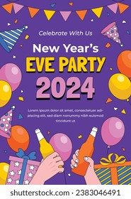 Happy New Year 2024. 2024 New Year celebration. Happy New Year 2024 background. Cartoon Vector illustration Template design for Poster, Banner, Greeting, Card, Flyer, Cover, Post. new year party.