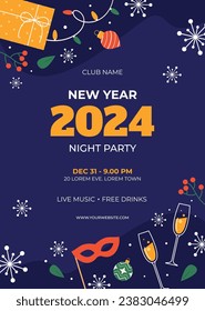 Happy New Year 2024. 2024 New Year celebration. Happy New Year 2024 background. Cartoon Vector illustration Template design for Poster, Banner, Greeting, Card, Flyer, Cover, Post. new year party.