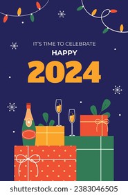 Happy New Year 2024. 2024 New Year celebration. Happy New Year 2024 background. Cartoon Vector illustration Template design for Poster, Banner, Greeting, Card, Flyer, Cover, Post. new year party.