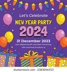 Happy New Year 2024. 2024 New Year celebration. Happy New Year 2024 background. Cartoon Vector illustration Template design for Poster, Banner, Greeting, Card, Flyer, Cover, Post. new year party.