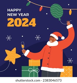 Happy New Year 2024. 2024 New Year celebration. Happy New Year 2024 background. Cartoon Vector illustration Template design for Poster, Banner, Greeting, Card, Flyer, Cover, Post. new year party.
